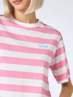 Rosa-weiß gestreiftes kurzes T-Shirt für Damen