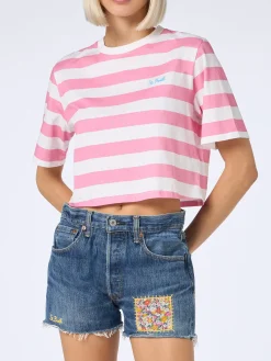 Rosa-weiß gestreiftes kurzes T-Shirt für Damen