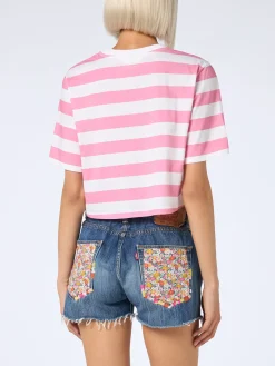 Rosa-weiß gestreiftes kurzes T-Shirt für Damen