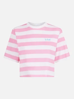 Rosa-weiß gestreiftes kurzes T-Shirt für Damen