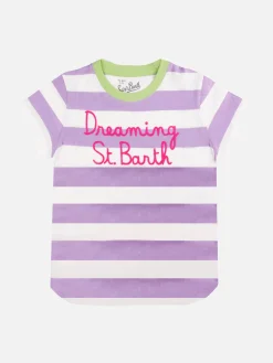 Rosa-weiß gestreiftes Mädchen-T-Shirt mit aufgesticktem Schriftzug