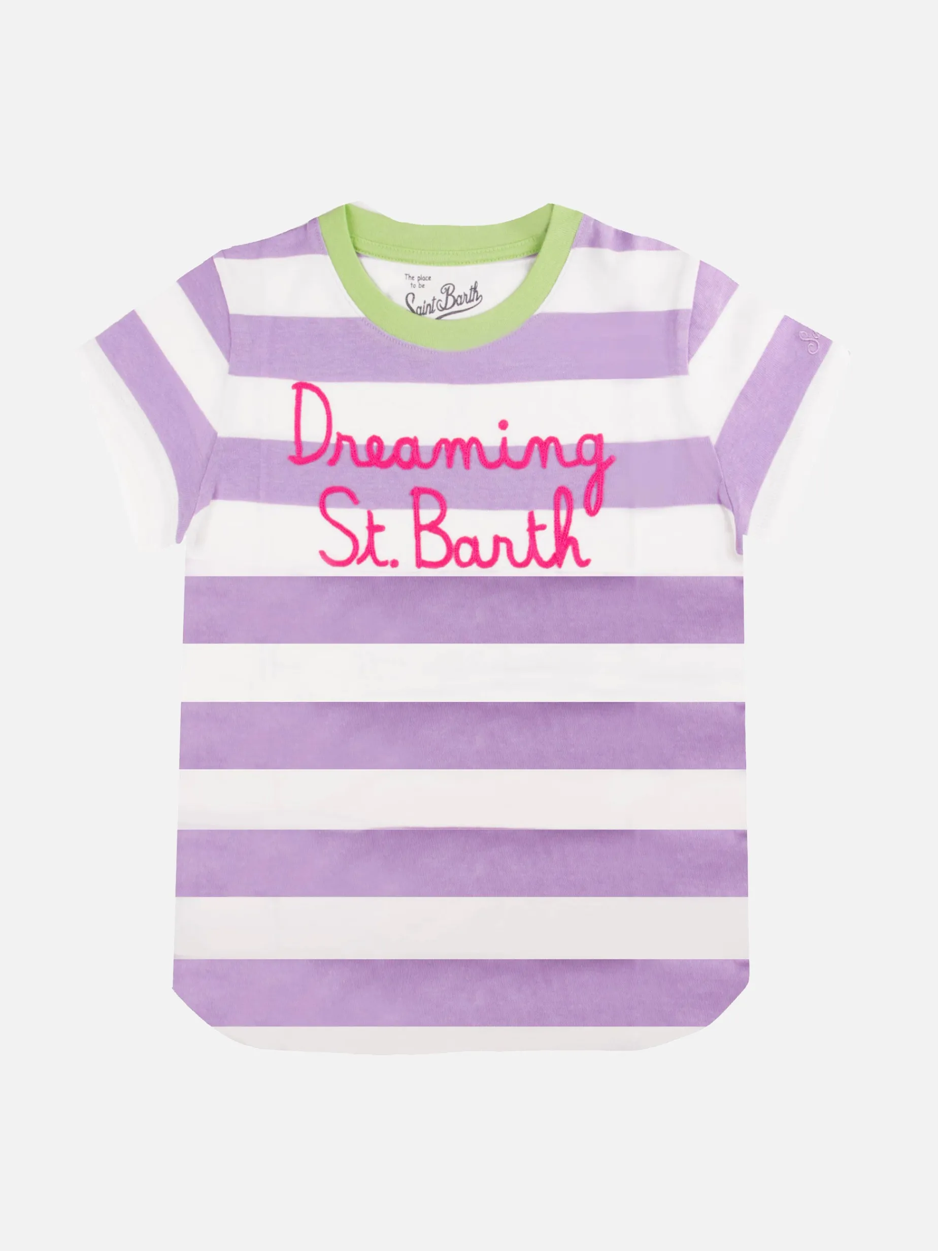 Rosa-weiß gestreiftes Mädchen-T-Shirt mit aufgesticktem Schriftzug