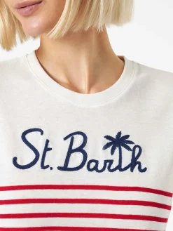 Rot gestreiftes Baumwoll-T-Shirt mit St. Barth-Stickerei