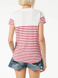 Rot gestreiftes Baumwoll-T-Shirt mit St. Barth-Stickerei