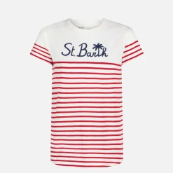 Rot gestreiftes Baumwoll-T-Shirt mit St. Barth-Stickerei