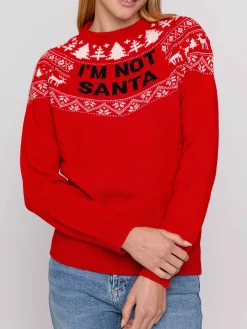 Roter Damenpullover mit Rundhalsausschnitt und „I'm not Santa“-Aufdruck