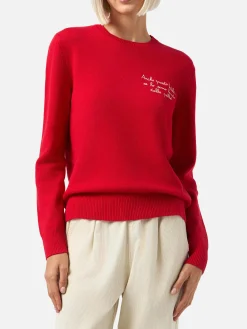 Roter Damenpullover „New Queen“ mit „Anche questo Natale...“-Stickerei | VACANZE DI NATALE SONDERAUSGABE