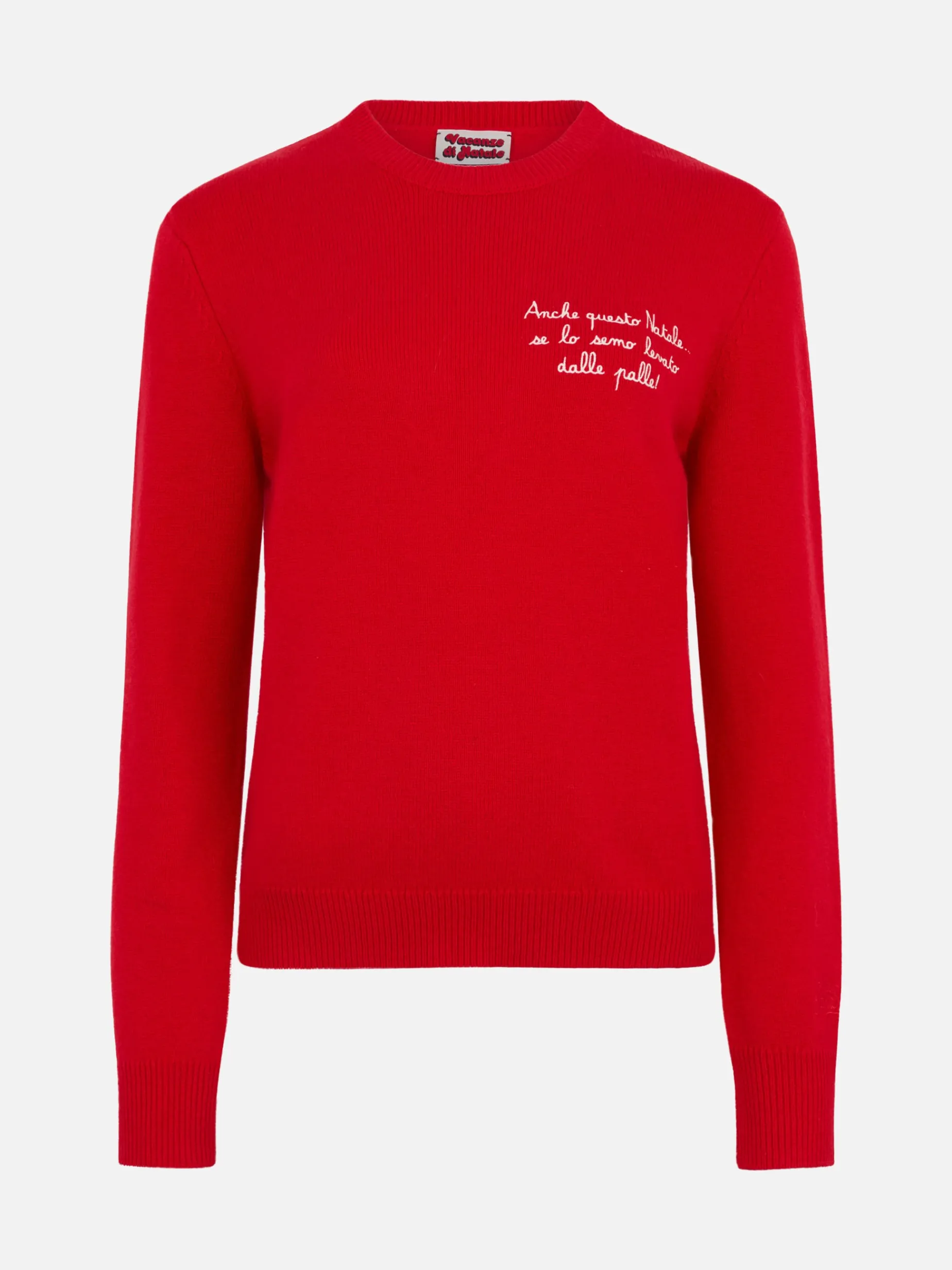 Roter Damenpullover „New Queen“ mit „Anche questo Natale...“-Stickerei | VACANZE DI NATALE SONDERAUSGABE
