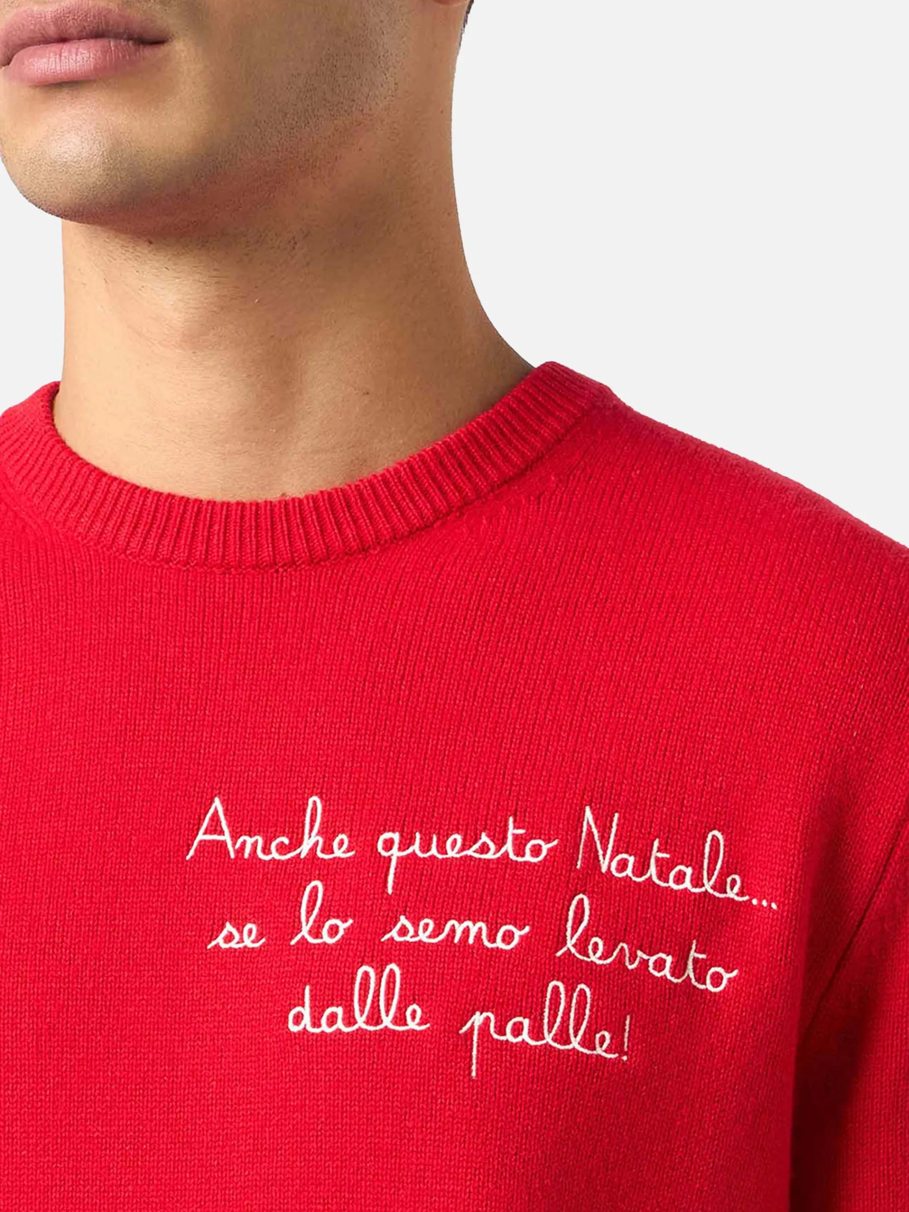 Roter Herrenpullover Heron mit Anche questo Natale... Stickerei | VACANZE DI NATALE SONDERAUSGABE