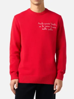 Roter Herrenpullover Heron mit Anche questo Natale... Stickerei | VACANZE DI NATALE SONDERAUSGABE