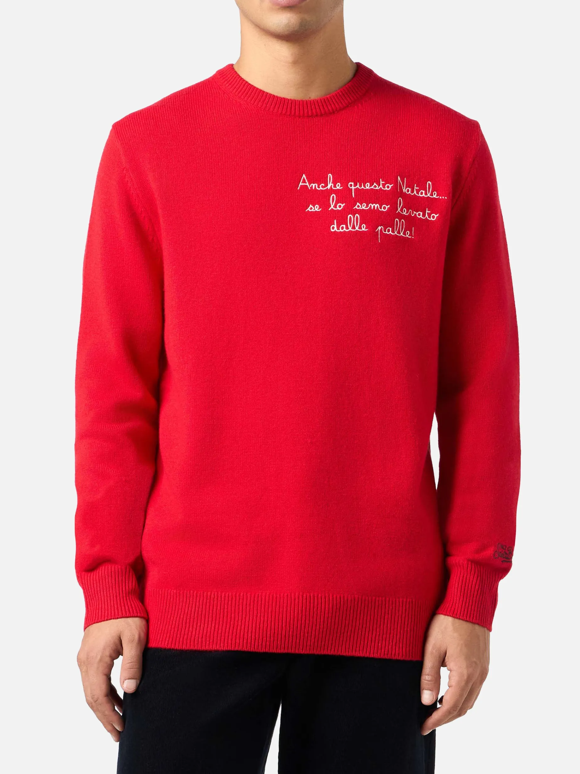 Roter Herrenpullover Heron mit Anche questo Natale... Stickerei | VACANZE DI NATALE SONDERAUSGABE