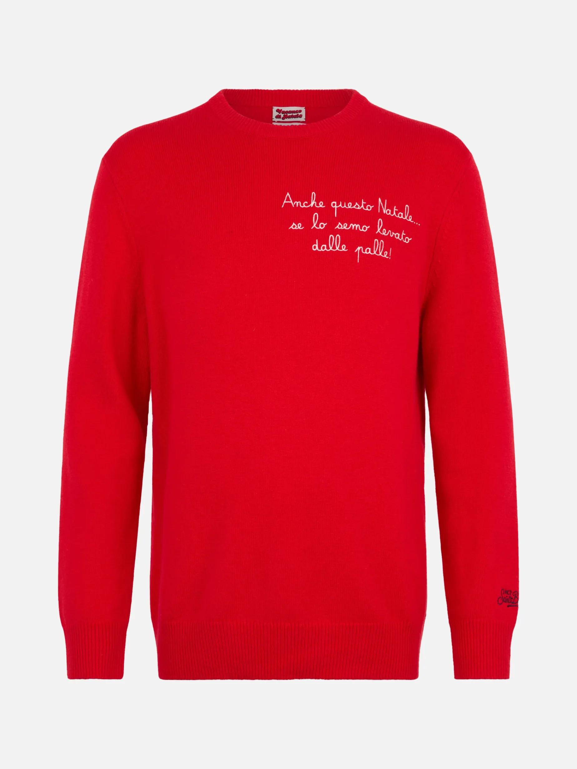 Roter Herrenpullover Heron mit Anche questo Natale... Stickerei | VACANZE DI NATALE SONDERAUSGABE