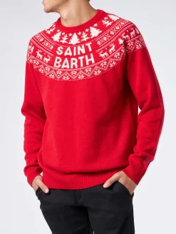 Roter Herrenpullover im norwegischen Stil