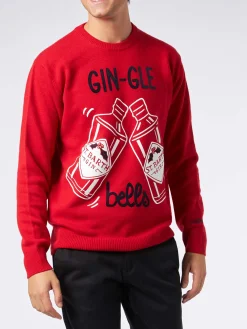 Roter Herrenpullover mit Gin-Gle Bells-Aufdruck