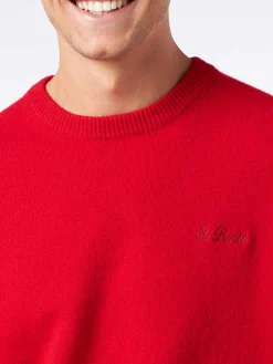 Roter Herrenpullover mit Rundhalsausschnitt und St. Barth-Stickerei