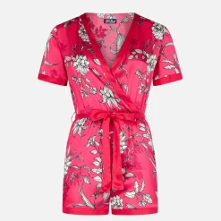 Roter kurzer Overall mit weißem Blumendruck