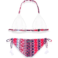 Roter und blauer Mädchenbikini mit Zigeunermuster