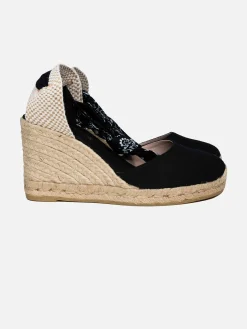 Schwarze bedruckte Canvas-Espadrillas mit hohem Keilabsatz und Knöchelspitze