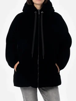 Schwarze Daunenjacke aus Samt mit Kapuze für Damen