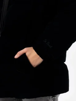 Schwarze Daunenjacke aus Samt mit Kapuze für Damen