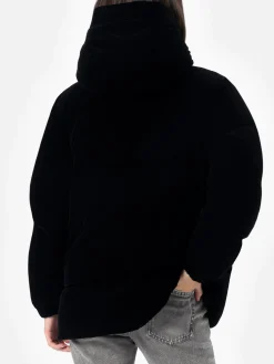 Schwarze Daunenjacke aus Samt mit Kapuze für Damen
