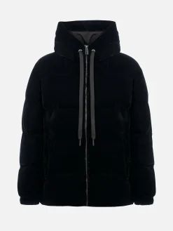 Schwarze Daunenjacke aus Samt mit Kapuze für Damen