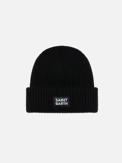 Schwarze gerippte Beanie-Mütze für Kinder, Beere, mit Saint Barth-Patch