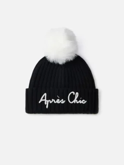 Schwarze gerippte Wengen-Mütze für Damen mit Apres Chic-Stickerei