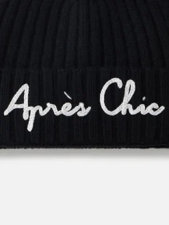 Schwarze gerippte Wengen-Mütze für Damen mit Apres Chic-Stickerei