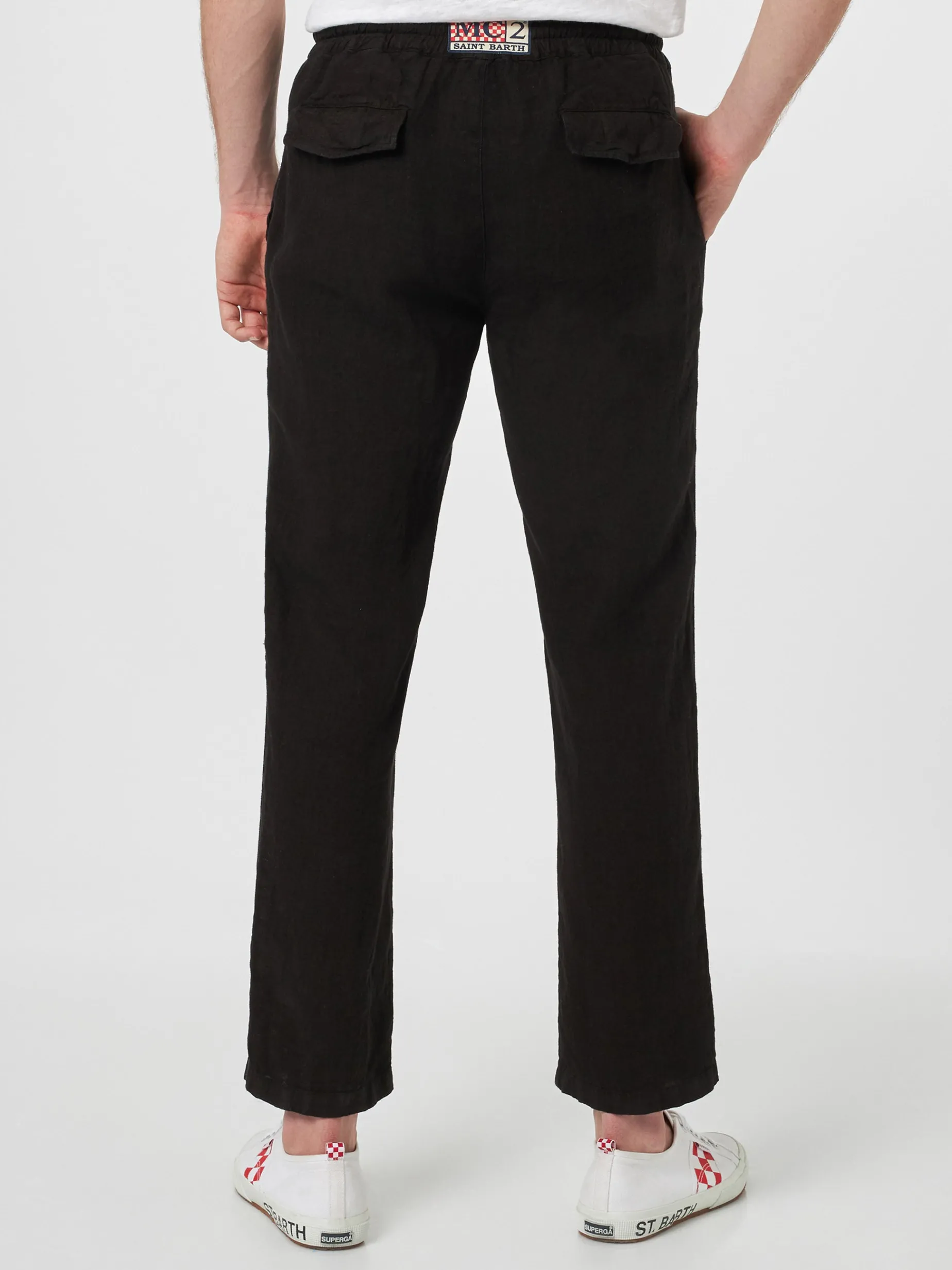 Schwarze Herren-Leinen-Calais-Hose mit Kordelzug