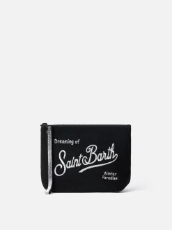 Schwarze Lurex-Pochette Aline mit Logo-Stickerei