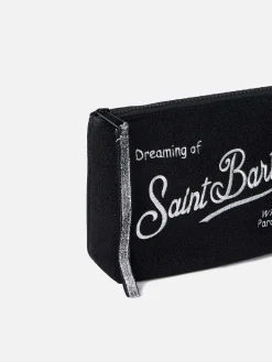 Schwarze Lurex-Pochette Aline mit Logo-Stickerei