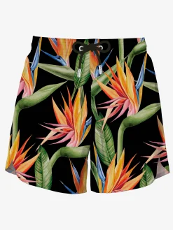 Schwarze mittellange Badeshorts mit Blumendruck