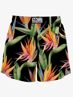 Schwarze mittellange Badeshorts mit Blumendruck