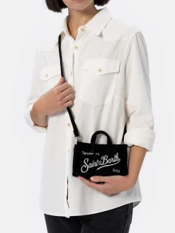 Schwarze Telefontasche aus Samt mit Saint Barth-Logostickerei
