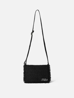 Schwarze Tweed-Umhängetasche Tita mit Saint Barth-Stickerei