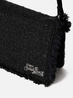 Schwarze Tweed-Umhängetasche Tita mit Saint Barth-Stickerei