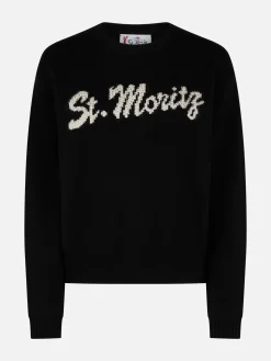 Schwarzer Damenpullover Louise mit St. Moritz Strass-Verzierung | ST. MORITZ TOP OF THE WORLD SPECIAL EDITION