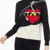 Schwarzer Damenpullover mit Rundhalsausschnitt und Lovovia-Stickerei