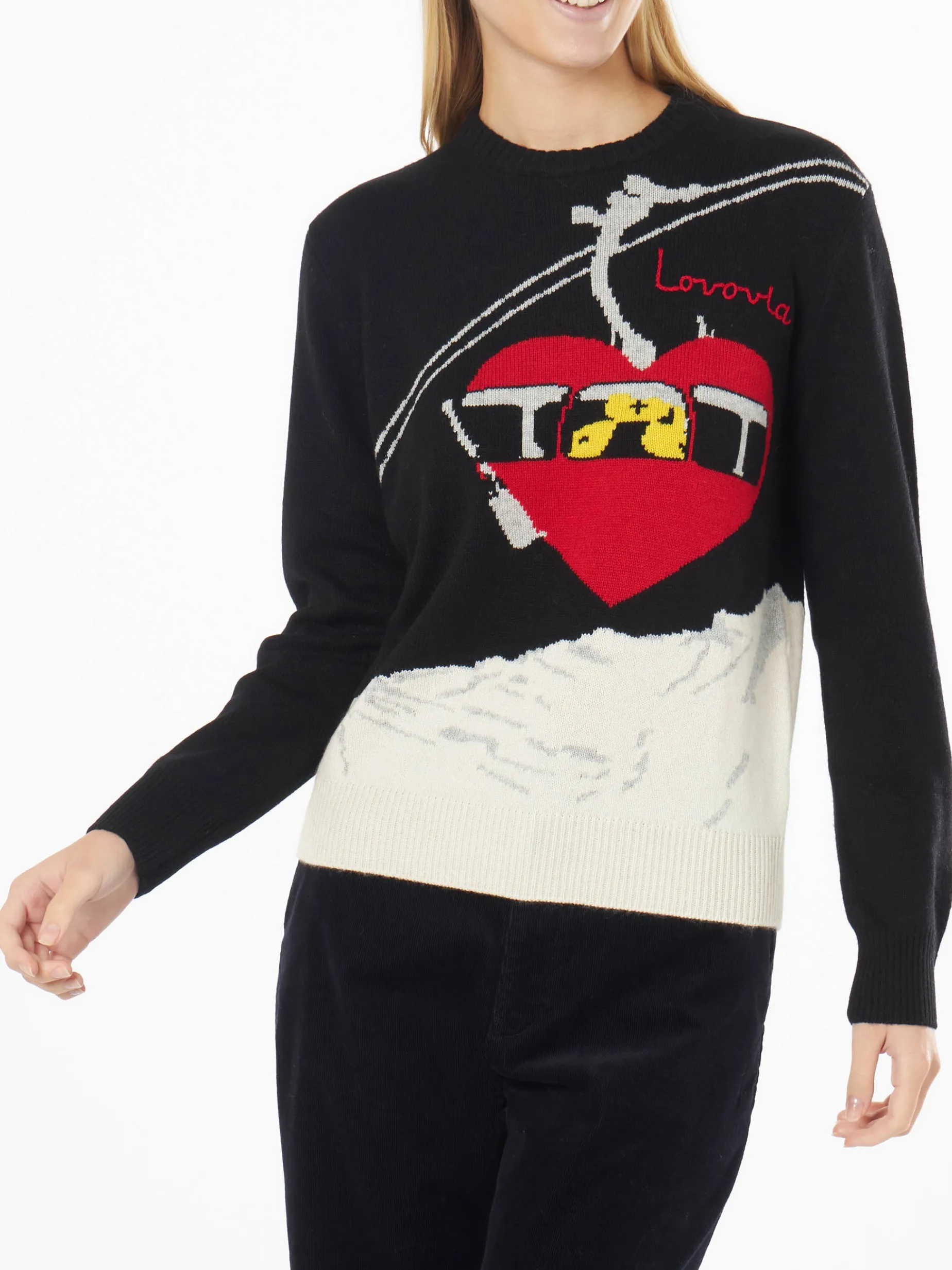 Schwarzer Damenpullover mit Rundhalsausschnitt und Lovovia-Stickerei