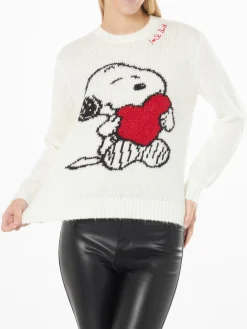 Schwarzer Damenpullover mit Rundhalsausschnitt, Snoopy- und Woodstock-Aufdruck und Strass-Herz | SNOOPY PEANUTS™ SONDEREDITION