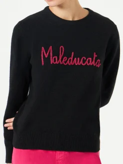 Schwarzer Damenpullover mit Maleducata Lurex-Stickerei