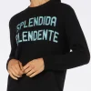 Schwarzer Damenpullover mit Rundhalsausschnitt und Splendida Splendente-Strassprint | NIKI DJ SONDEREDITION