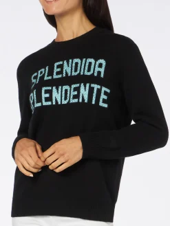 Schwarzer Damenpullover mit Rundhalsausschnitt und Splendida Splendente-Strassprint | NIKI DJ SONDEREDITION