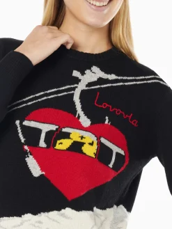 Schwarzer Damenpullover mit Rundhalsausschnitt und Lovovia-Stickerei