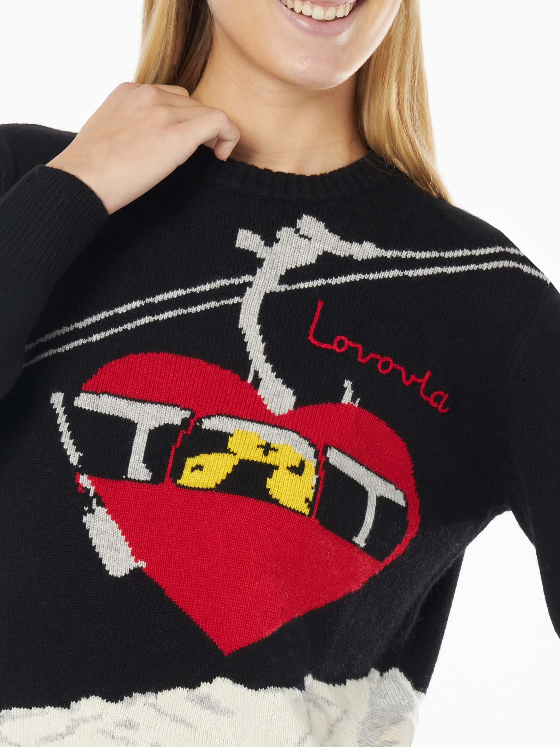 Schwarzer Damenpullover mit Rundhalsausschnitt und Lovovia-Stickerei
