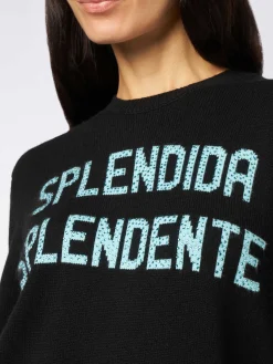 Schwarzer Damenpullover mit Rundhalsausschnitt und Splendida Splendente-Strassprint | NIKI DJ SONDEREDITION