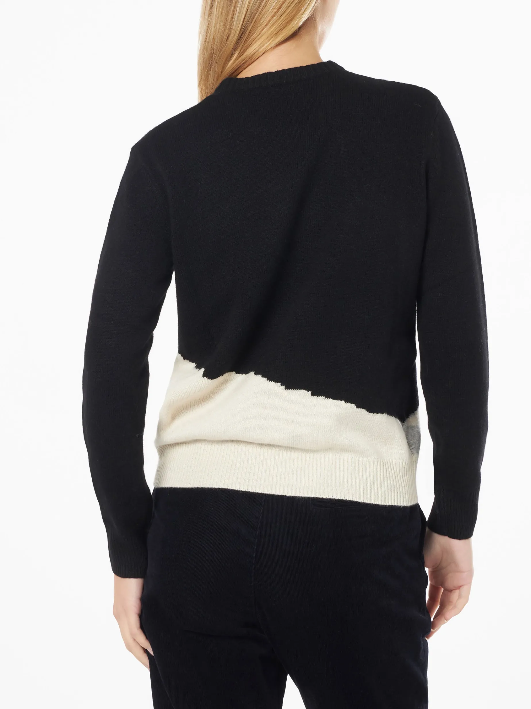 Schwarzer Damenpullover mit Rundhalsausschnitt und Lovovia-Stickerei