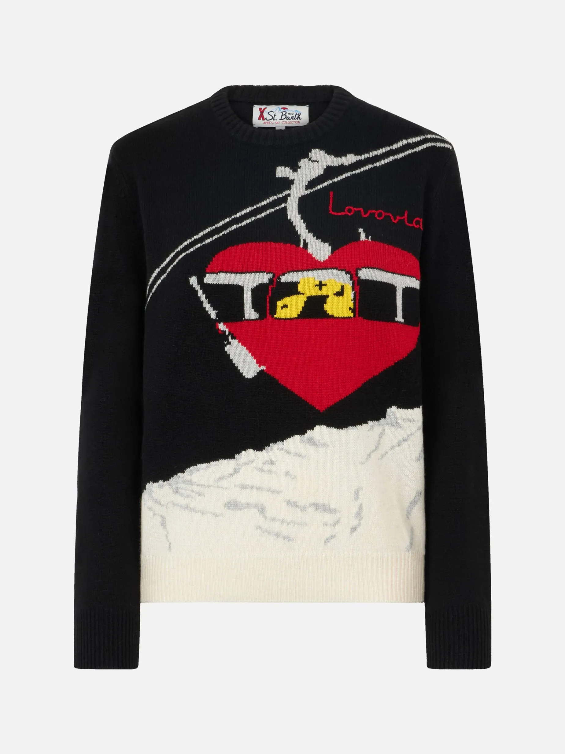 Schwarzer Damenpullover mit Rundhalsausschnitt und Lovovia-Stickerei