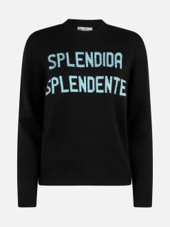 Schwarzer Damenpullover mit Rundhalsausschnitt und Splendida Splendente-Strassprint | NIKI DJ SONDEREDITION